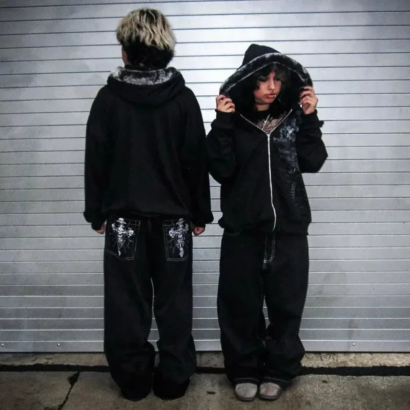 American Gothic Rock Skeleton Pattern Oversized Y2K