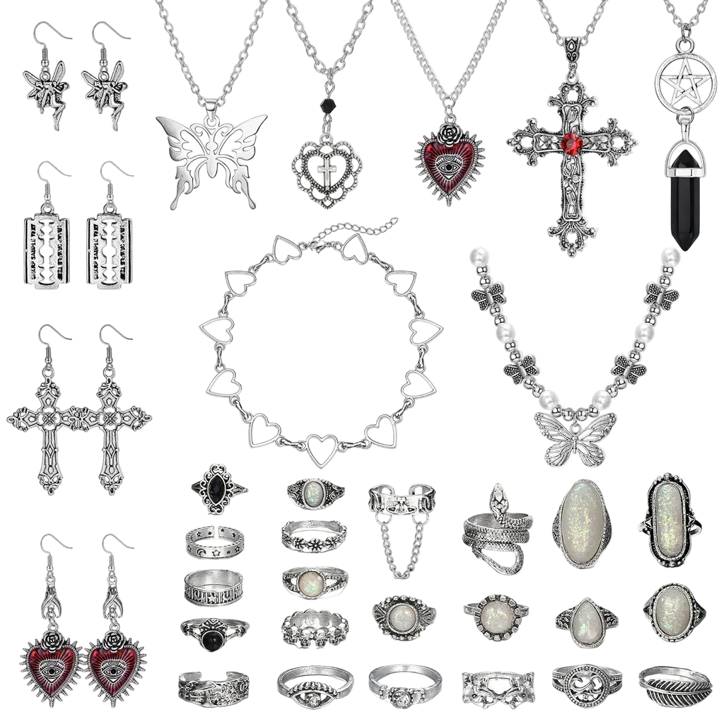 33Pcs Necklace Goth Earrings Y2k